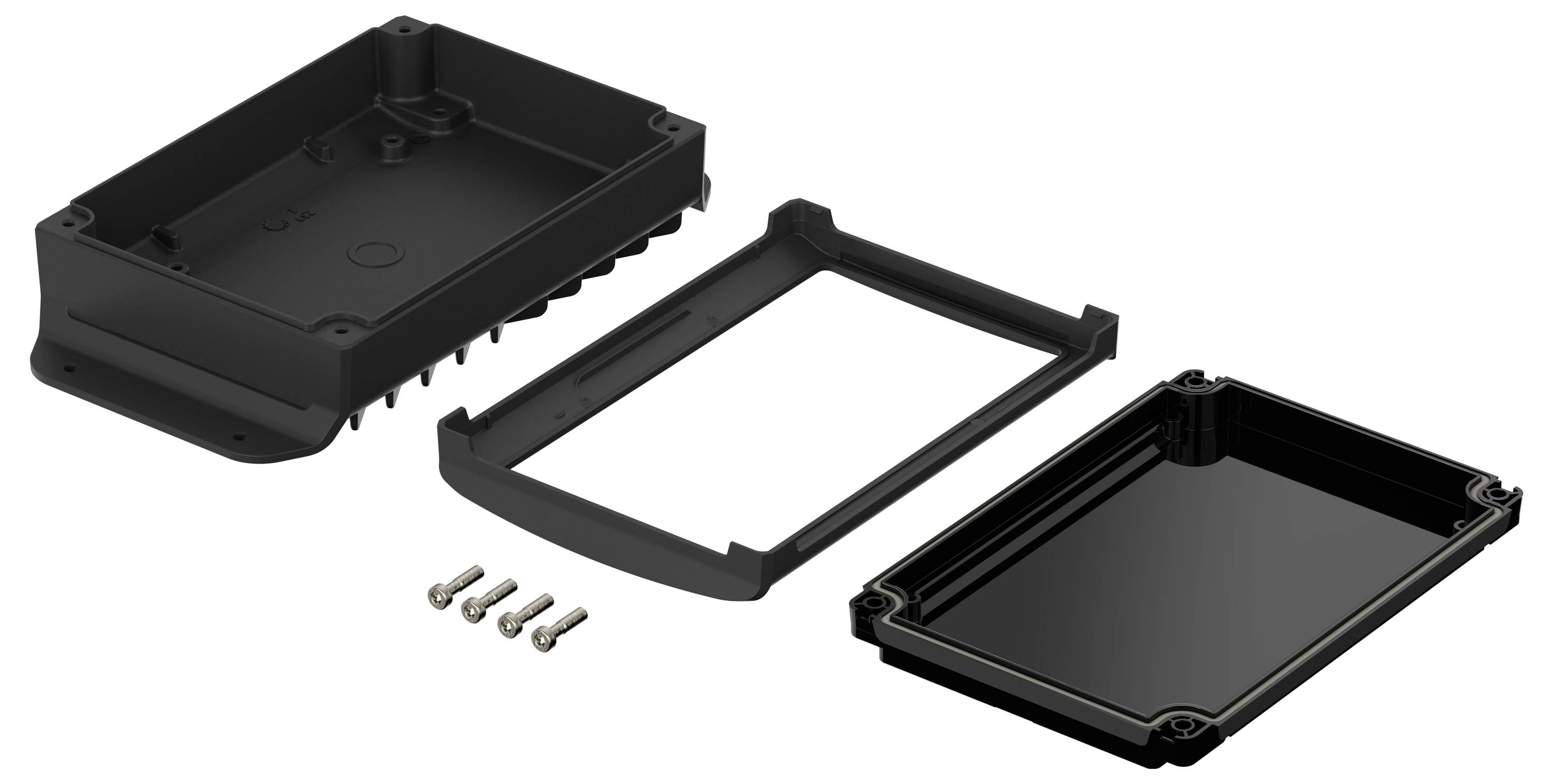 Zerlegte schwarze Gehäusebox mit 3 Teilen: oberer Deckel, Rahmen, Boden. Vier Schrauben liegen daneben.