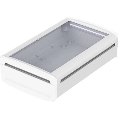 Weiße, rechteckige Kunststoffbox mit transparentem Deckel, geeignet für elektronische Geräte oder Kabelaufbewahrung.
