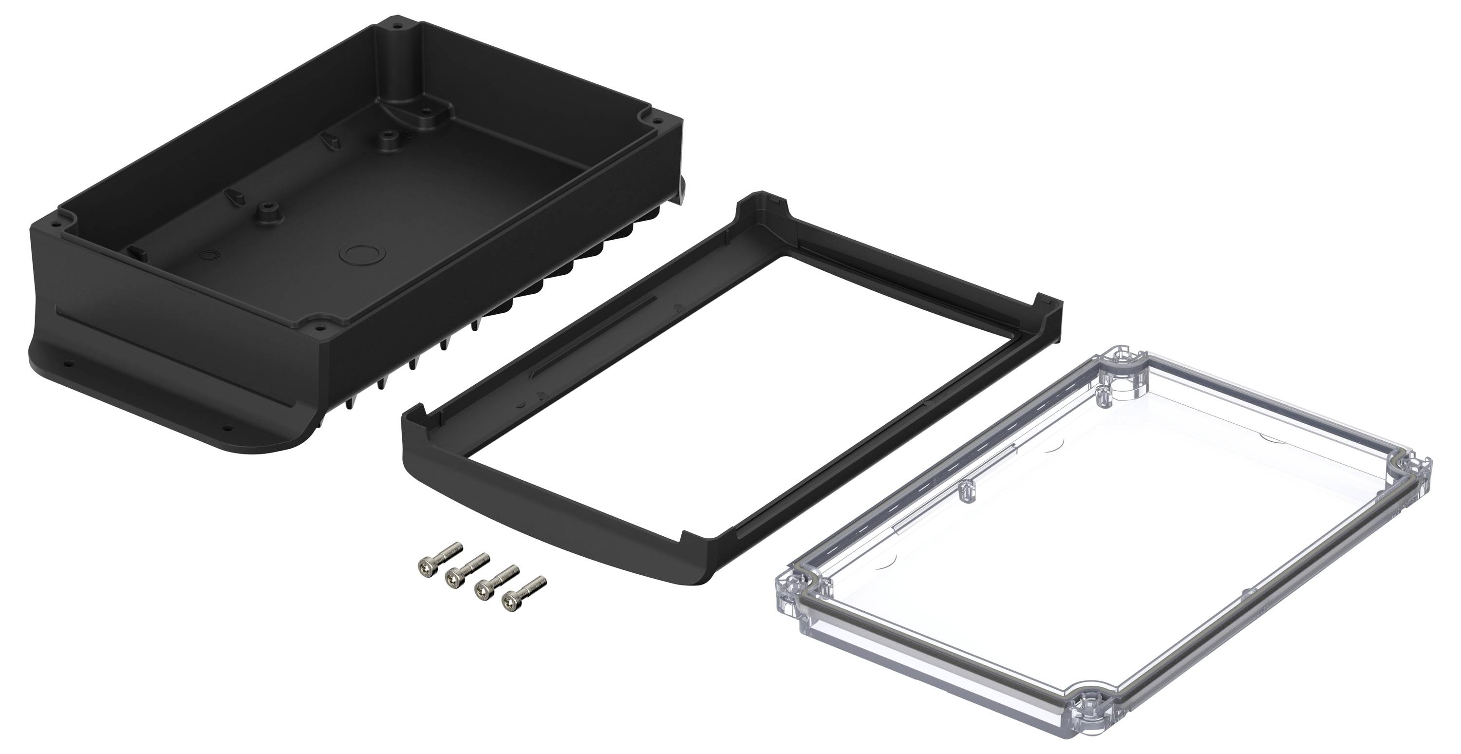 Zerlegte Gehäuseteile: schwarze Basis, rechteckiger Rahmen, durchsichtiger Deckel und Schrauben. Für Elektronikgehäuse.