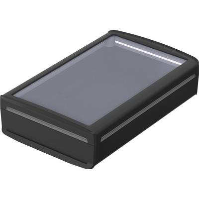 Eine schwarze, rechteckige Box mit transparenter Oberseite, möglicherweise ein Gehäuse für elektronische Geräte.