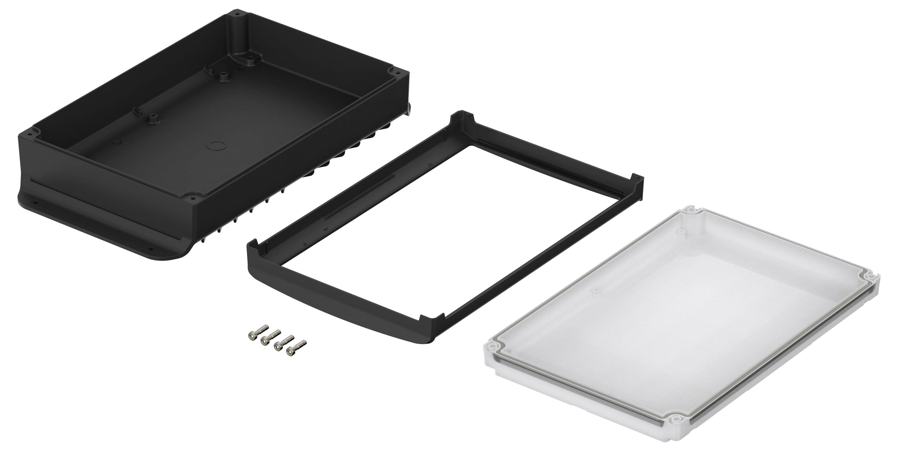 Gehäuse-Bausatz aus Kunststoff, bestehend aus Ober- und Unterteil, Zwischenrahmen und Schrauben, geeignet zum Zusammenbau elektronischer Geräte.