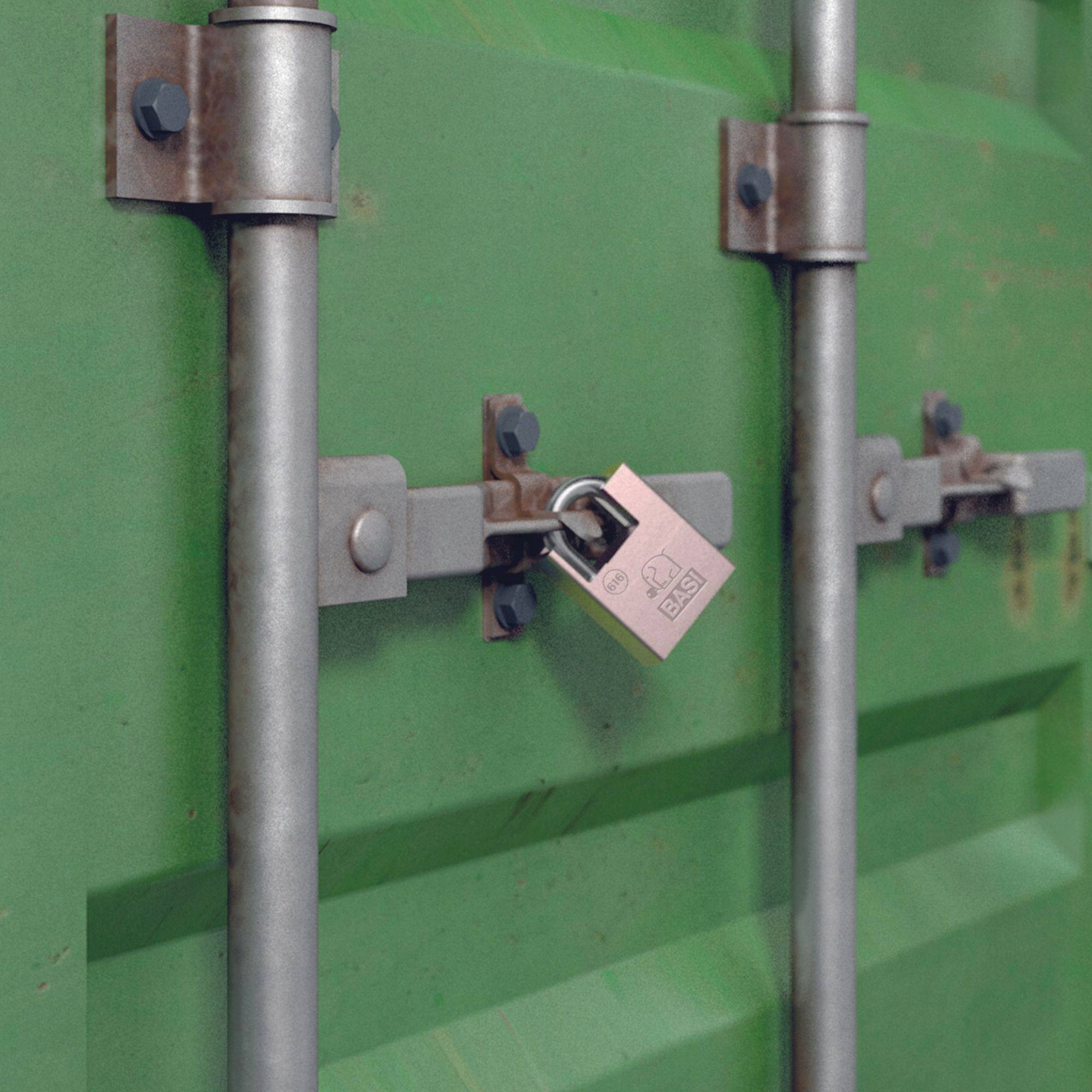 Ein grünes Metalltor mit zwei vertikal verlaufenden Stangen, gesichert durch ein silbernes Vorhängeschloss in der Mitte.