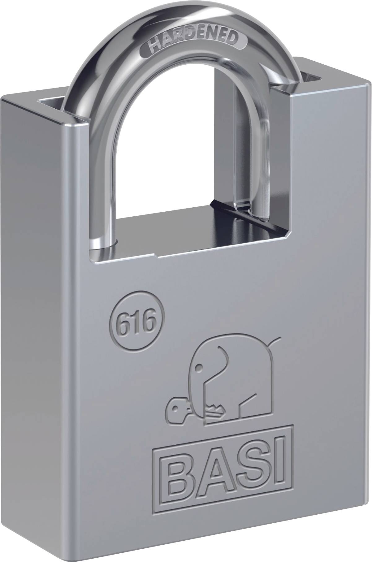 Ein silbernes Vorhängeschloss mit der Gravur 'BASI' und einem Elefantensymbol. Gravur '616' und 'Hardened' auf dem Bügel.