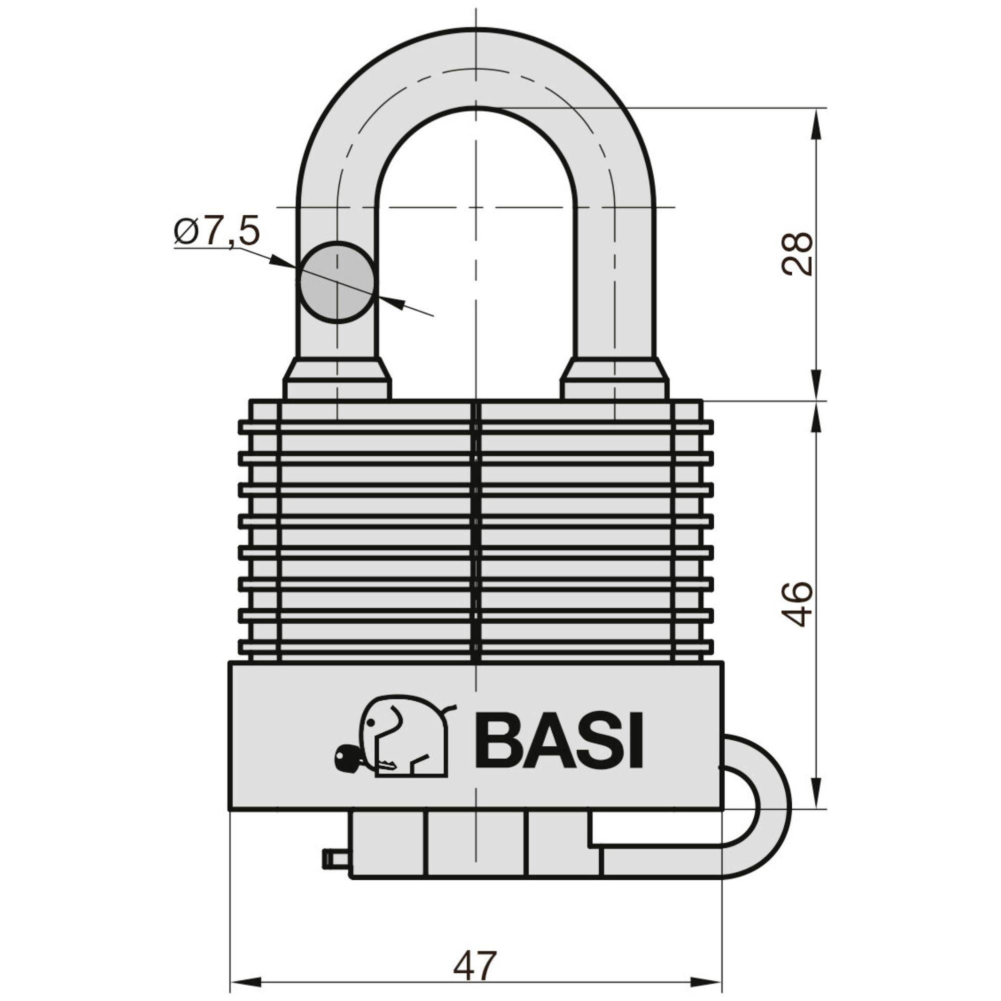Diagramm eines Vorhängeschlosses mit den Maßen: Bügeldurchmesser 7,5 mm, Bügelhöhe 28 mm, Gesamthöhe 46 mm, Breite 47 mm.