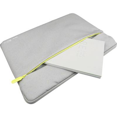 Graue Laptoptasche mit gelbem Reißverschluss, teilweise geöffnet. Ein weißes Notizbuch ragt heraus.