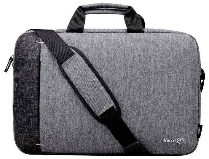 Graue Laptop-Tasche mit Schulterriemen und Tragegriff, aus Stoff. Auf der Vorderseite ist der Schriftzug 'Vero' in Weiß zu sehen.