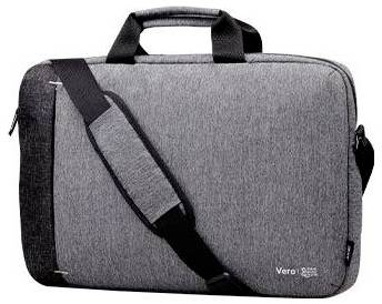 Graue, rechteckige Laptop-Tasche mit einem schwarzen Schultergurt und Tragegriff. Tasche hat das Logo 'Vero' in weißer Schrift.
