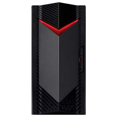 Schwarzes Computergehäuse mit rotem LED-Streifen, rechteckige Form, USB-Anschlüsse seitlich. Modernes Design für Gaming-PCs.