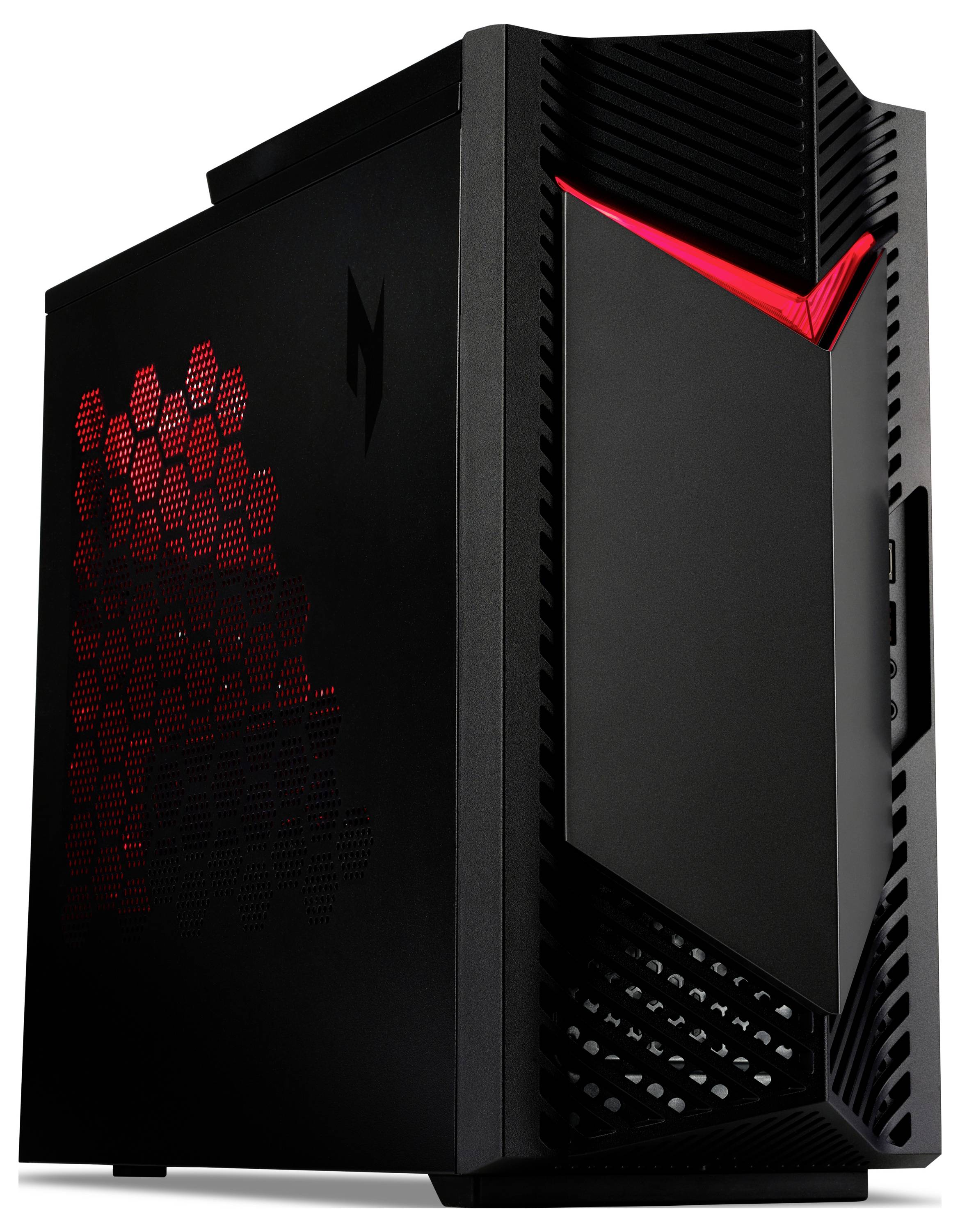 Ein schwarzer Gaming-Computer mit einem beleuchteten roten Design und Wabenmuster auf der linken Seite.