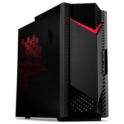 Ein schwarzer Gaming-Computer mit einem beleuchteten roten Design und Wabenmuster auf der linken Seite.