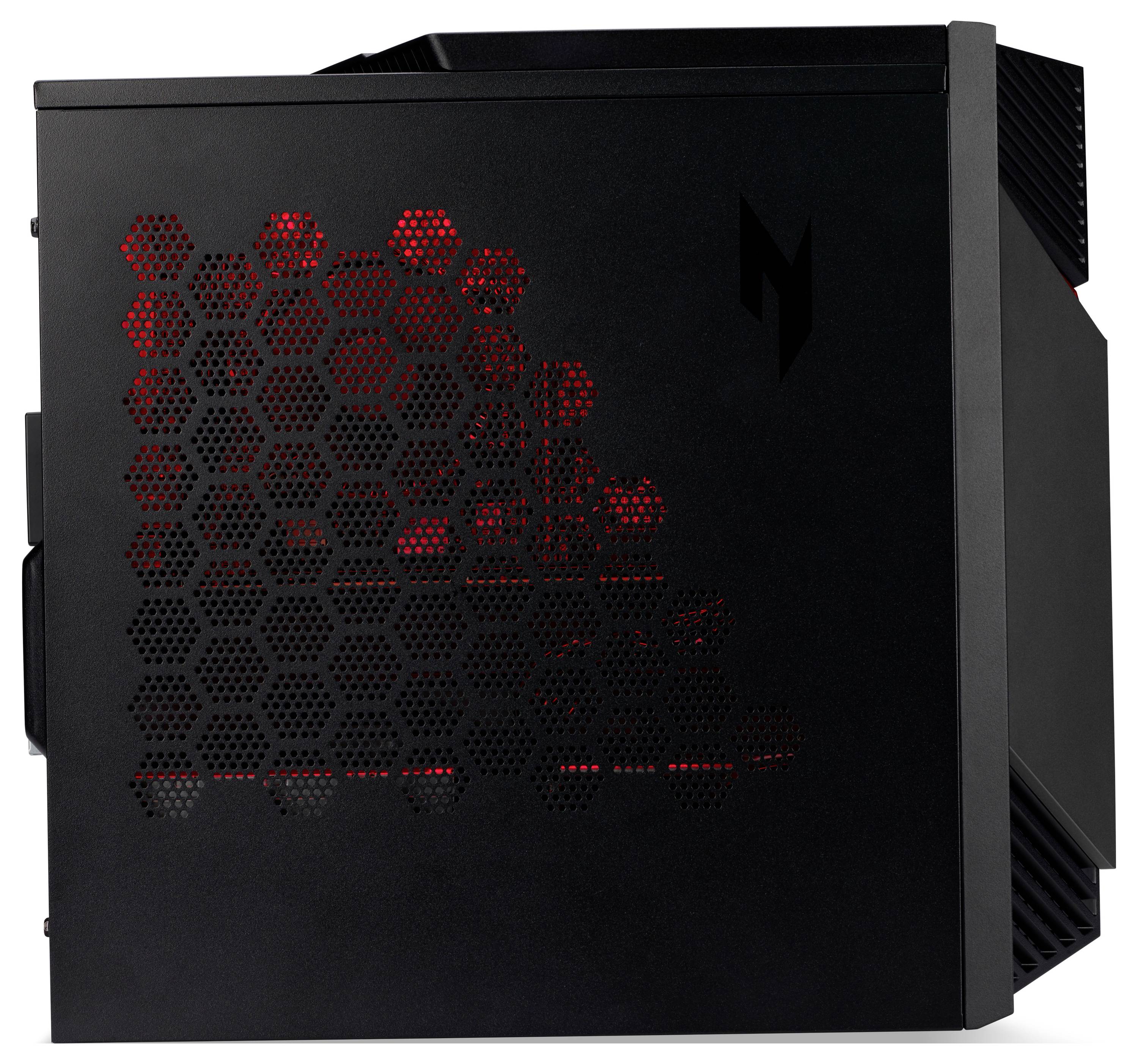 Gaming-PC mit belüfteter Seitenverkleidung in schwarzem Gehäuse, durch das rotes Licht schimmert.