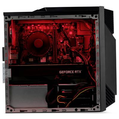 Computergehäuse mit sichtbarer Hardware und leuchtend roter Beleuchtung. Eine Grafikkarte ist prominent mit der Aufschrift 'GeForce RTX'.