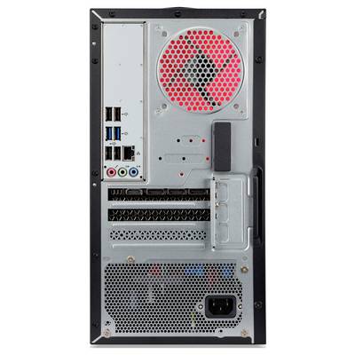 Rückansicht eines Computergehäuses mit Lüfter, Steckplätzen für Erweiterungskarten, USB-Anschlüssen und Audiobuchsen.
