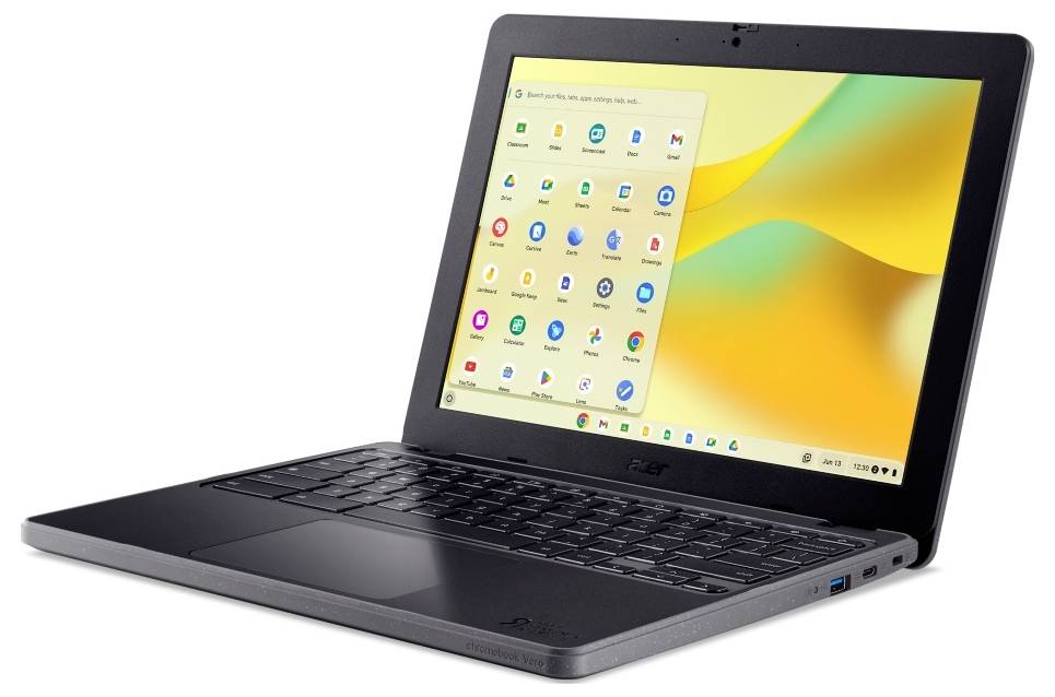 Ein geöffneter Laptop mit Bildschirm, auf dem ein Desktop mit mehreren App-Symbolen und einer bunten Hintergrundgrafik angezeigt wird.