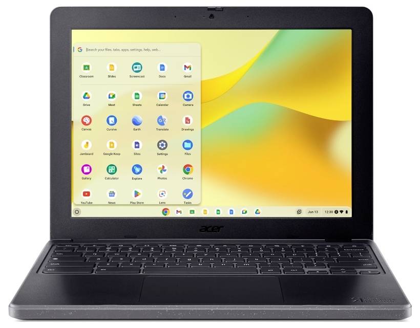 Ein Acer Chromebook mit geöffneter Startseite, auf der verschiedene App-Symbole sichtbar sind. Der Bildschirm zeigt eine bunte, ablenkende Darstellung.