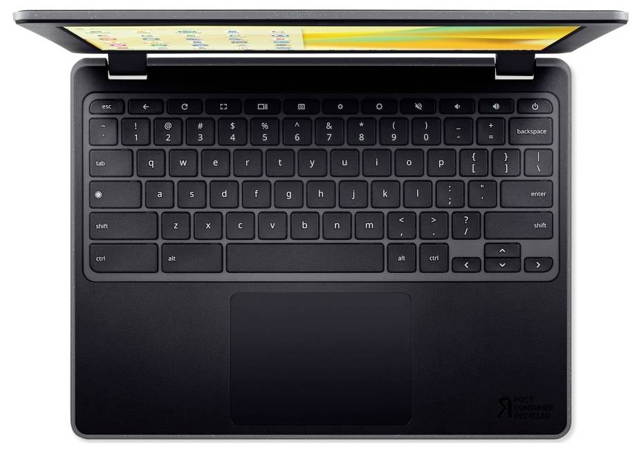 Die Abbildung zeigt eine geöffnete Tastatur eines schwarzen Laptops, frontal von oben. Tasten sind klar sichtbar, Bildschirm teils zu erkennen.