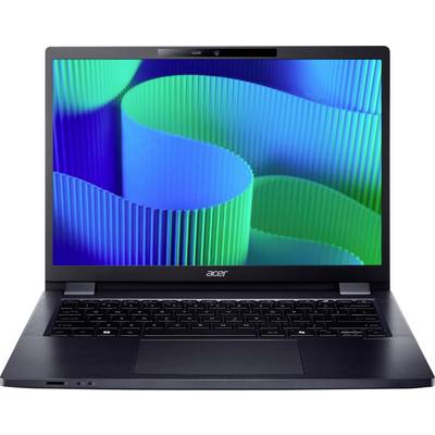 Ein Laptop mit einem Bildschirm, der ein Muster aus blauen und grünen wellenförmigen Linien zeigt. Der Laptop befindet sich in geöffneter Position.