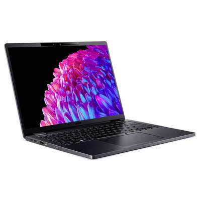 Ein Laptop mit schwarzer Tastatur und einem Bildschirm, der bunte, blütenartige Formen in Pink und Blau zeigt.
