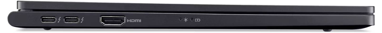 Ein schwarzer Laptop von der Seite, zeigt Anschlüsse: zwei USB-Ports, einen HDMI-Anschluss und eine Kopfhörerbuchse.