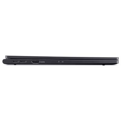 Ein schwarzer Laptop von der Seite, zeigt Anschlüsse: zwei USB-Ports, einen HDMI-Anschluss und eine Kopfhörerbuchse.