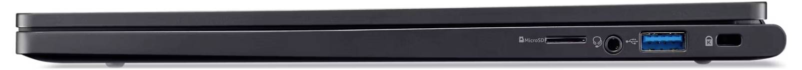 Ein geschlossenes schwarzes Laptop von der Seite gezeigt, mit sichtbaren Anschlüssen wie USB und Kartensteckplatz.