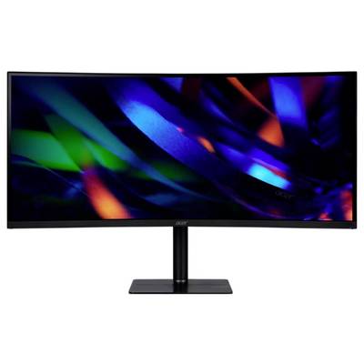 Breiter Computermonitor mit einem leuchtenden, bunten Bildschirm. Dunkle Grundfarben mit grünen, blauen und roten Akzenten.