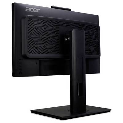 Rückansicht eines schwarzen Acer-Monitors mit einem stabilen Standfuß und geometrischem Muster auf der Rückseite.