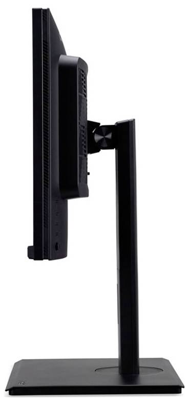 Ein seitlich fotografierter Computermonitor mit schwarzem Standfuß. Der Monitor ist schmal und zeigt keine Bildschirmanzeige.