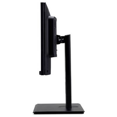 Ein seitlich fotografierter Computermonitor mit schwarzem Standfuß. Der Monitor ist schmal und zeigt keine Bildschirmanzeige.