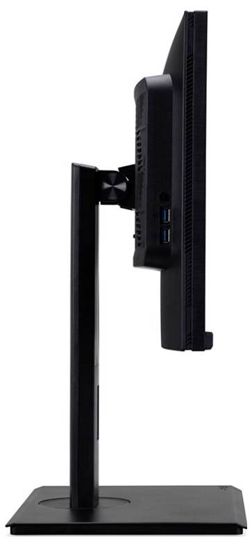 Seitenansicht eines schwarzen Computermonitors auf einem verstellbaren Ständer, hervorhebend dünnes Design und vertikale Neigungsmöglichkeit.