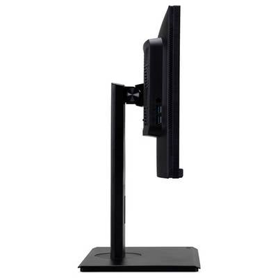 Seitenansicht eines schwarzen Computermonitors auf einem verstellbaren Ständer, hervorhebend dünnes Design und vertikale Neigungsmöglichkeit.