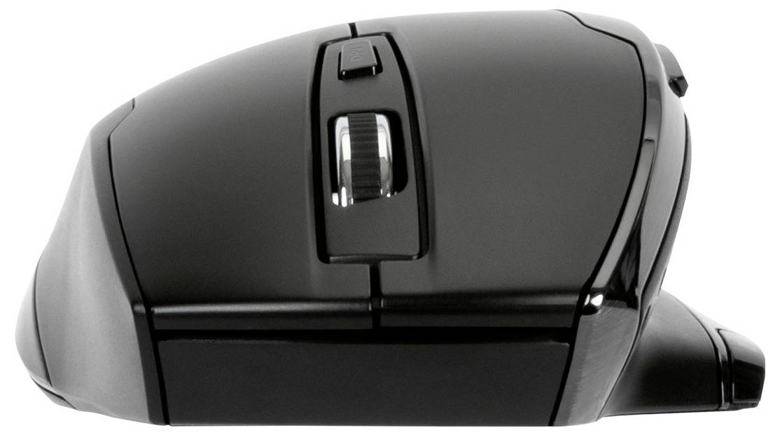 Schwarze drahtlose Computermaus mit ergonomischem Design, seitliche Tasten und Scrollrad in Nahaufnahme von der Seite gezeigt.