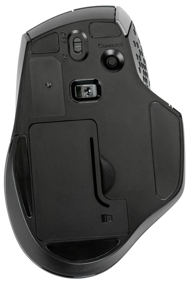 Schwarze Computermaus, Unterseite sichtbar, zeigt Batteriefach, Sensor und Schalter für Ein/Aus und Verbindung. Ergonomisches Design.