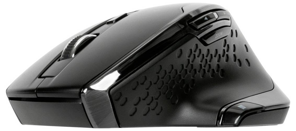 Schwarze ergonomische Computermaus mit mehreren Tasten und strukturiertem Griff für besseren Halt.