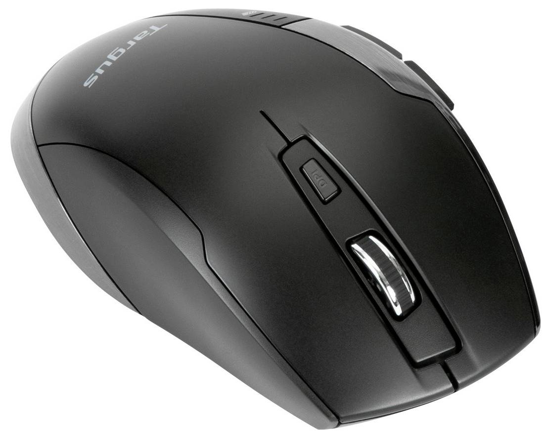 Eine schwarze kabellose Computermaus mit mehreren Tasten, einschließlich eines Scrollrads und eines markanten linken seitlichen Knopfs.