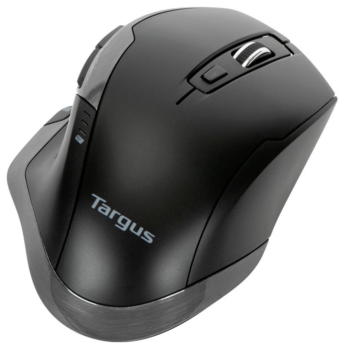 Eine schwarze ergonomische Computermaus mit Scrollrad und Tasten, auf der der Markenname 'Targus' zu sehen ist.