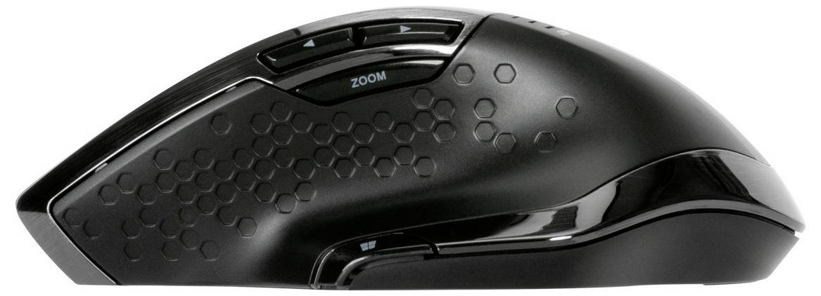 Schwarze, ergonomische Computermaus mit Zoomtaste und weiterem Tastenlayout auf der Seite, ideal für komfortable Bedienung.