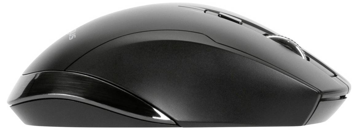 Schwarze kabellose Computermaus mit zwei Tasten und einem Scrollrad, seitliche Ansicht.