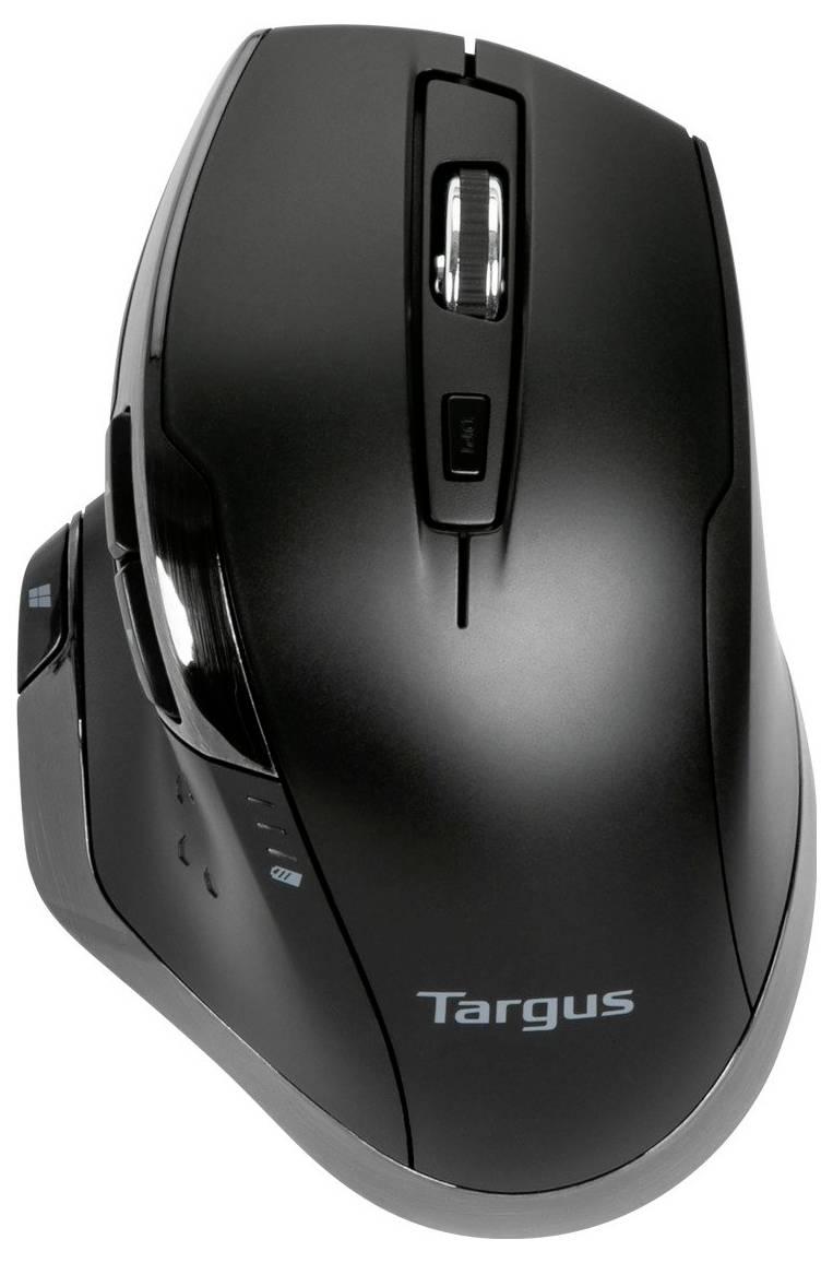 Kabellose schwarze Computermaus mit ergonomischem Design, Scrollrad und seitlichen Tasten zur Navigation.