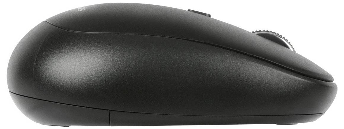 Kabellose Computermaus in Schwarz, Seitenansicht, mit sichtbarem Scrollrad oben. Ideal für Büro- und Heimgebrauch.