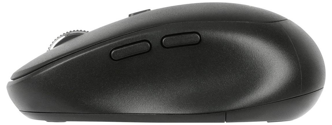 Schwarze Computermaus in Seitenansicht mit zwei seitlichen Tasten und einem Scrollrad.