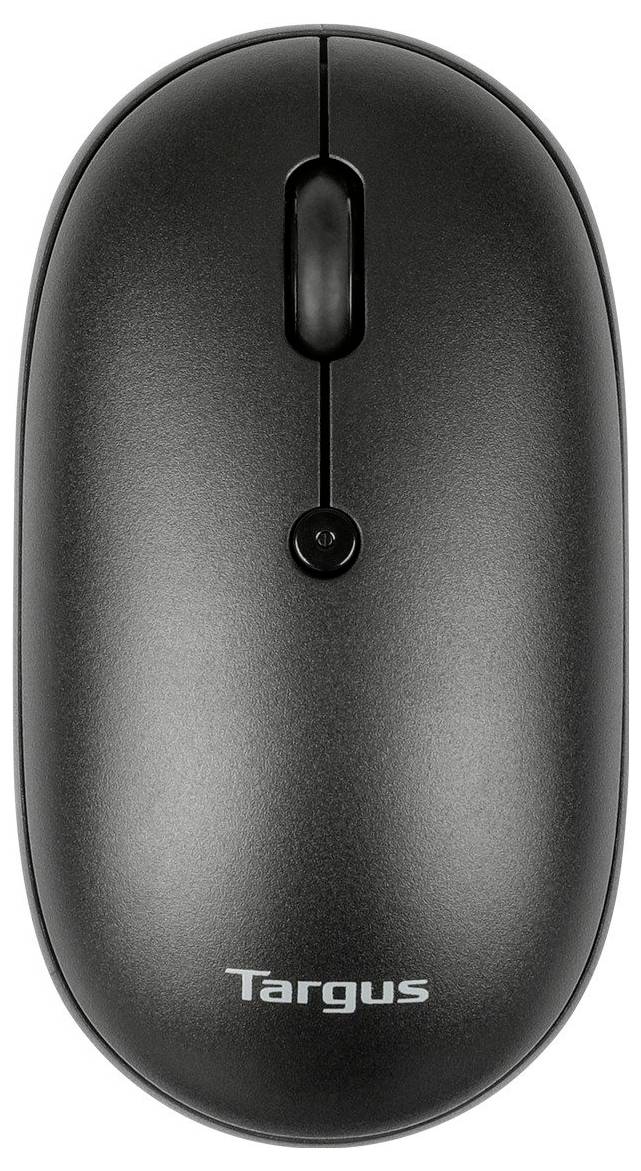 Schwarze kabellose Computermaus von Targus, Ansicht von oben, mit einem Scrollrad und einem schlichten, minimalistischen Design.