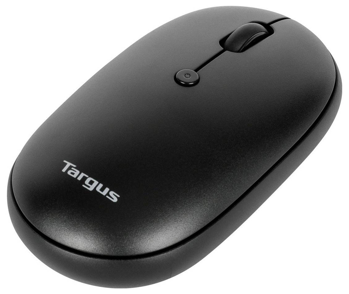 Schwarze, kabellose Computermaus von Targus mit zwei Tasten und einem Scrollrad, auf einer weißen Oberfläche liegend.