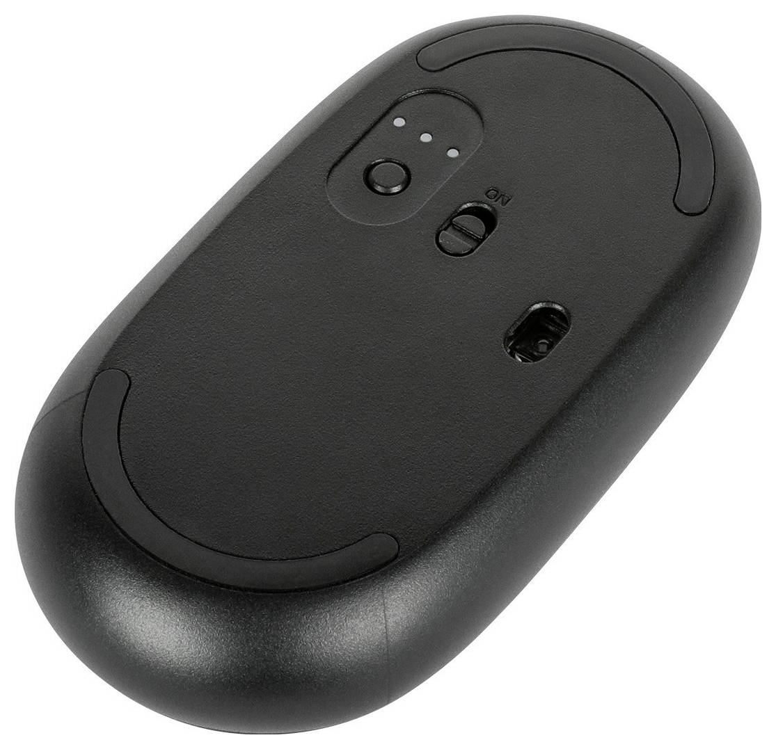 'Unterseite einer schwarzen Computermaus mit EIN/AUS-Schalter und optischem Sensor.'
