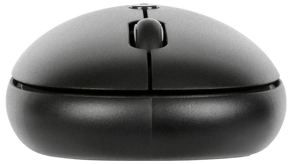 Schwarze, kabellose Computermaus mit zwei Tasten und einem Scrollrad, frontal fotografiert.