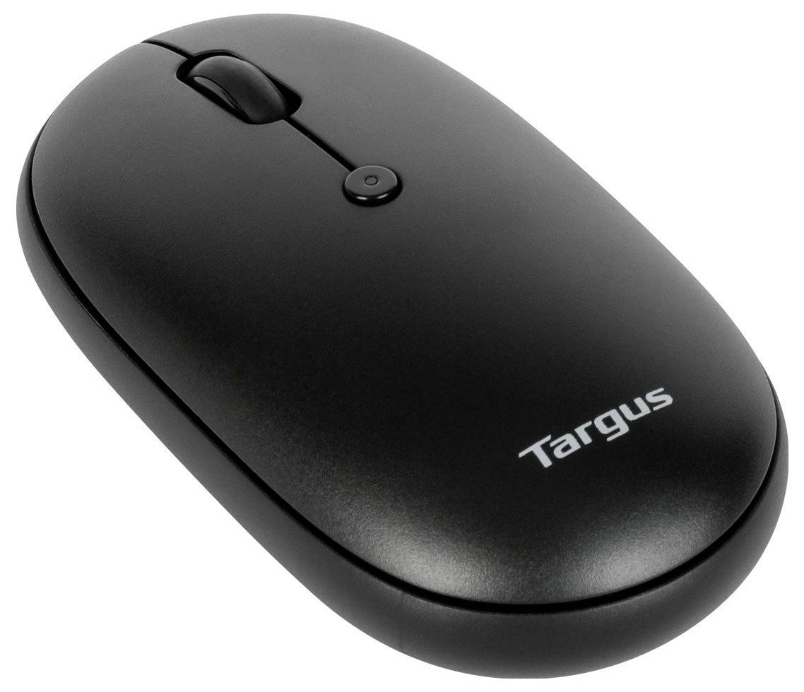Kabellose schwarze Computermaus von Targus mit einem mittig platzierten Scrollrad.