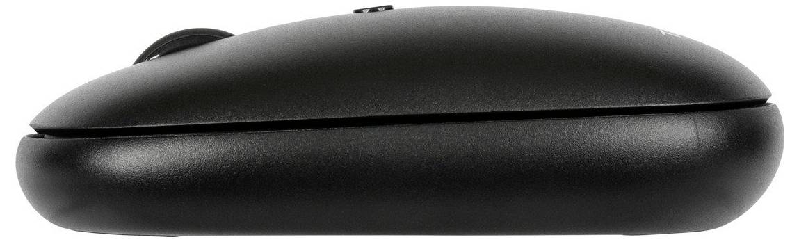 Schwarze kabellose Computermaus in Seitenansicht, zeigt schlankes, ergonomisches Design und klare Linien.