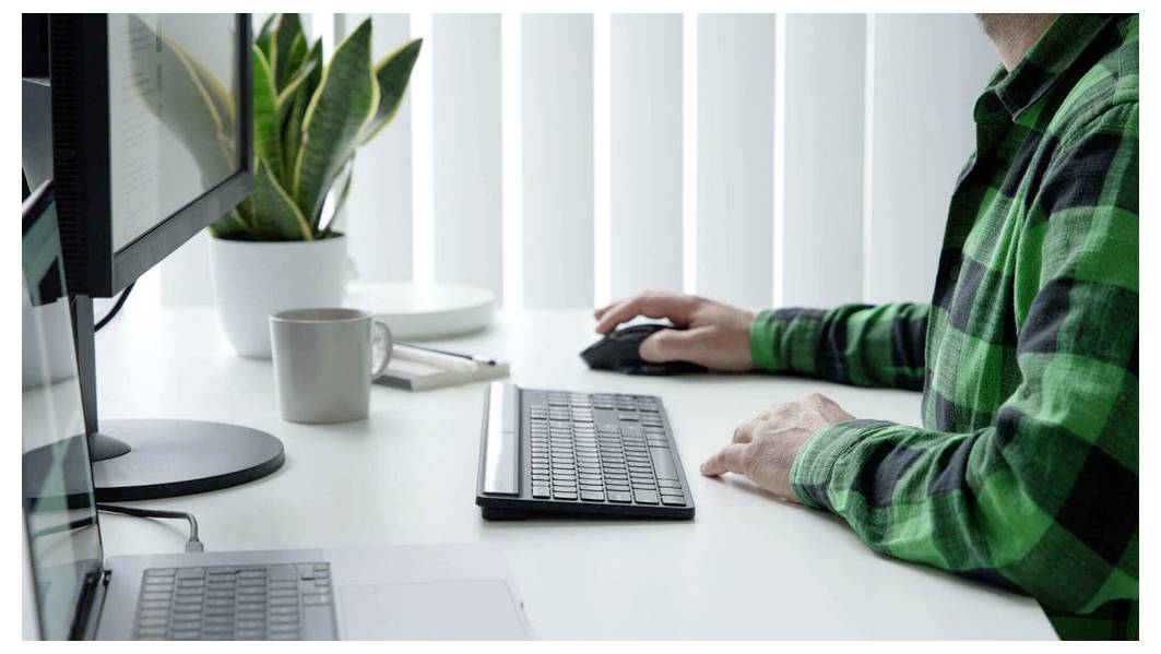 Person arbeitet an einem Schreibtisch mit Computerbildschirm, Tastatur und Maus. Eine Pflanze und eine Tasse Kaffee stehen neben dem Bildschirm.