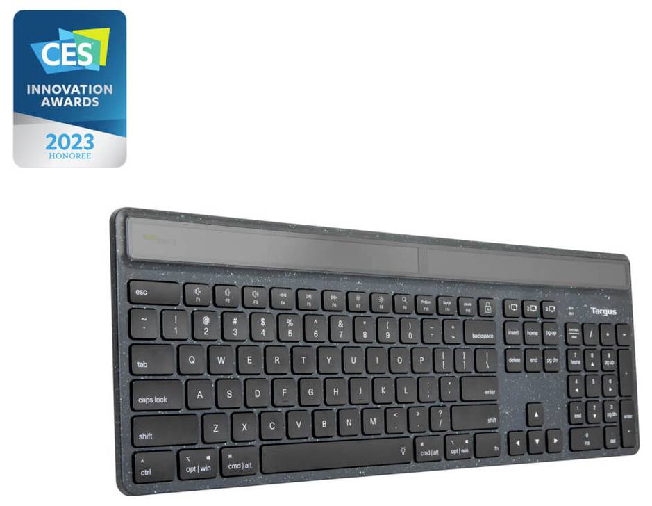 Targus EcoSmart Tastatur mit Solaraufladung, Empfänger eines CES Innovation Awards 2023. Energiesparend durch Sonnenenergie.