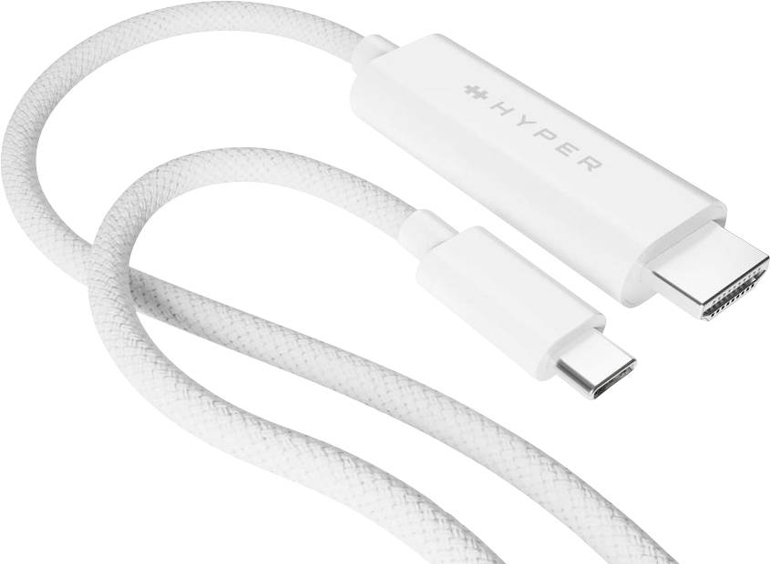 Ein weißes, gewebtes Kabel mit USB-C- und HDMI-Anschlüssen und dem Aufdruck 'Hyper', geeignet zum Verbinden von Geräten mit Bildschirmen.